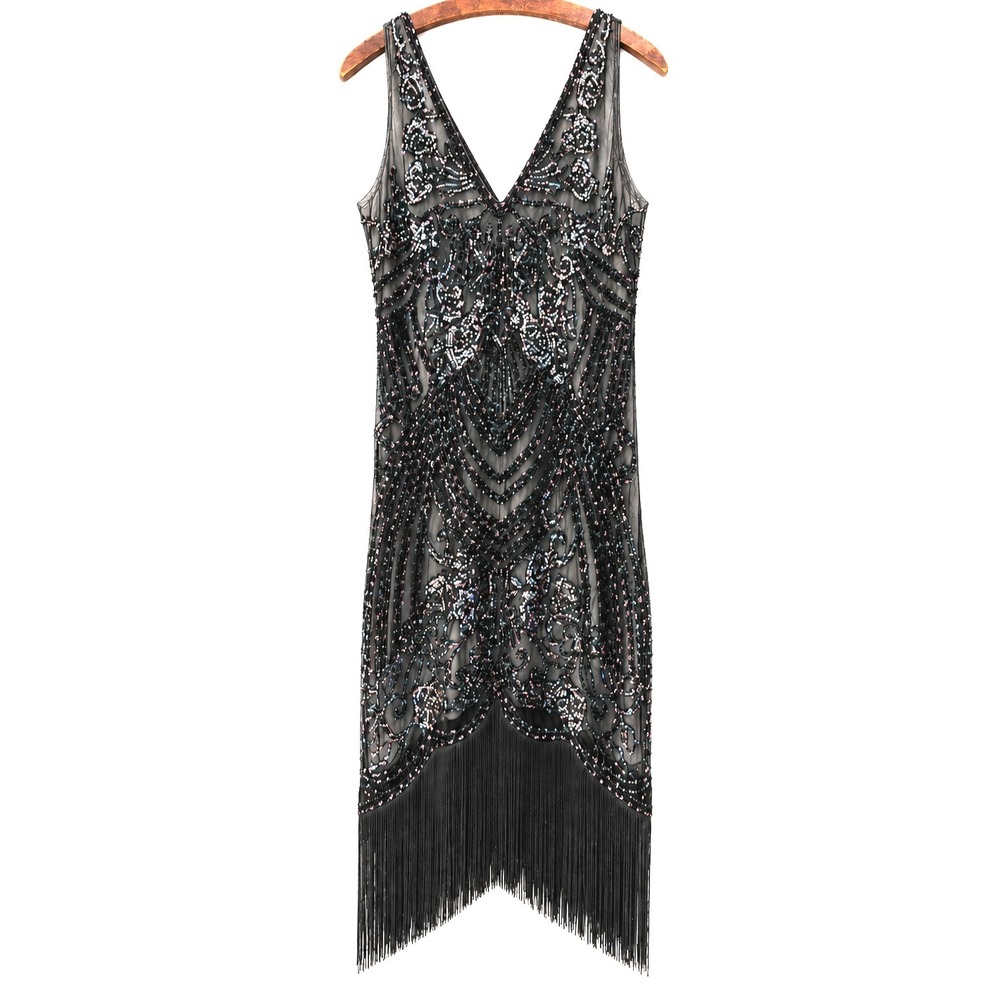 Flapper Dress Size XL Beads Sequins Fringe Gatsby Charleston 1920s